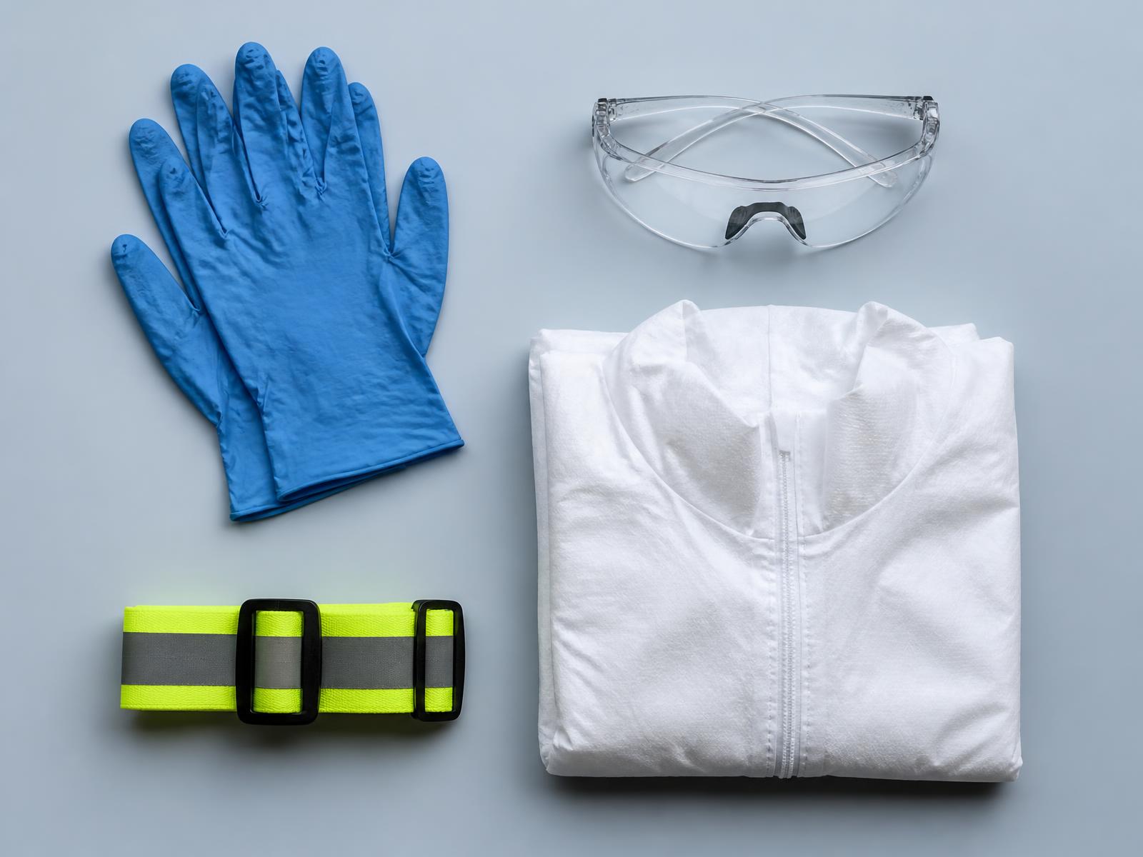 Disposable nitrile gloves, safety eyewear and a protective coverall laid out flat